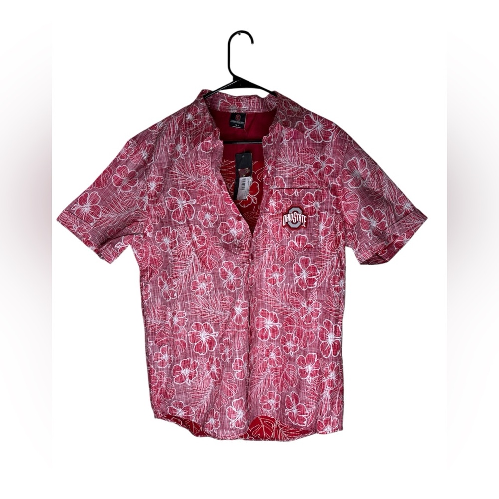 Colloseum Ohio State L Buckeyes Hawaiian Floral Button Shirt Men Red Poly Blend